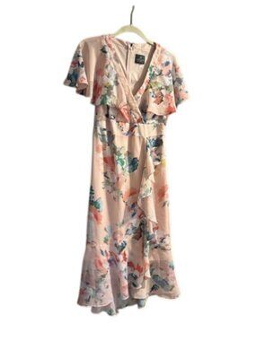 Adrianna Papell Pink Floral Chiffon Flutter Sleeve Ruffled Midi Dress EUC 8